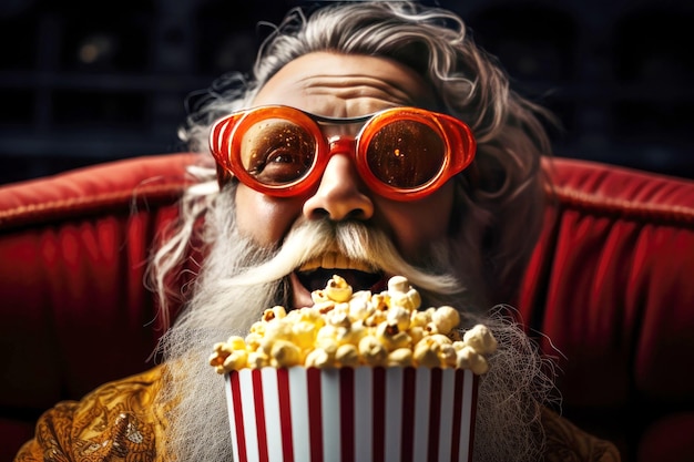 Ekstrawagancki senior w śmiesznych okularach ze szklanką popcornu na czerwonym krześle oglądający film
