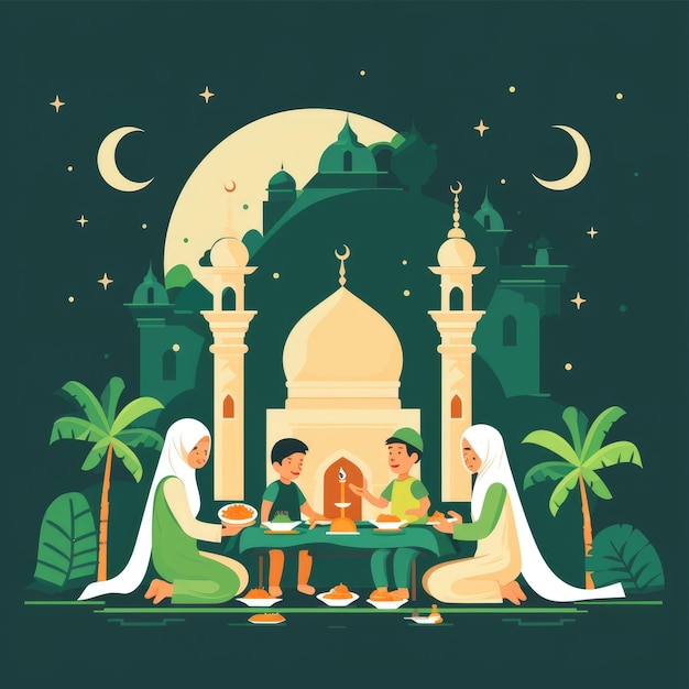 Ekstrawaganckie święto Ramadanu Rodzina Meczet i płaska harmonia kolorów