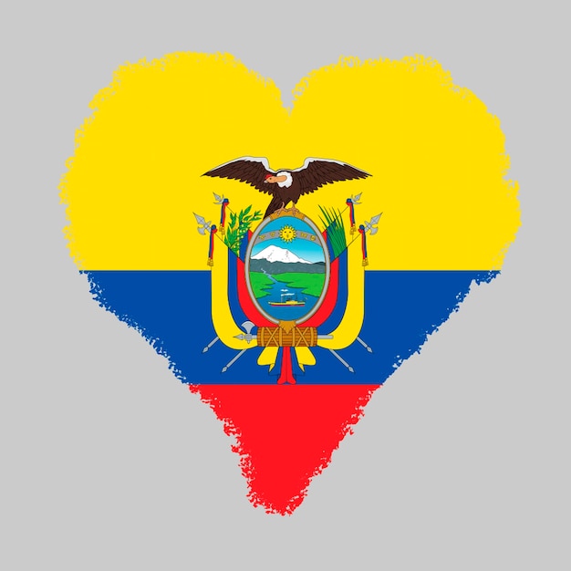 Zdjęcie ekwador kolorowa flaga w kształcie serca ze stylem pociągnięcia pędzla izolowanym na szarym tle