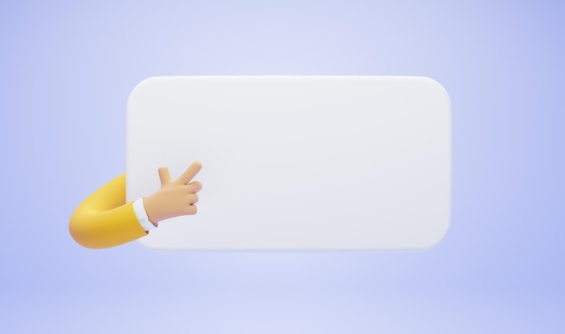 Elastyczny biznesmen postać z kreskówki w żółtym rękawie wskazującym palcem na pustym banerze makieta pokazuje na tablicy lub wiadomości Śmieszne cliparty na białym tle na fioletowym tle renderowania 3d