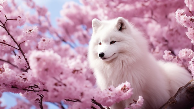 elegancja białego lisia w kwiatach wiśni