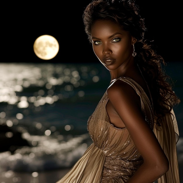 Elegancja czarnej kobiety wdzięcznie pod srebrnym blaskiem pełni księżyca