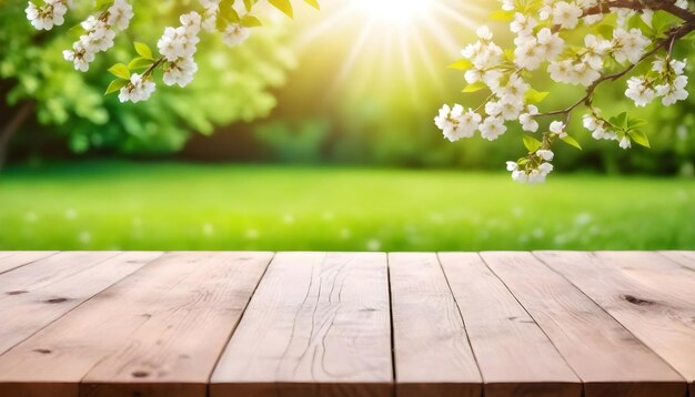Elegancja natury drewniany stół pośród kwitnących białych kwiatów i światła słonecznego