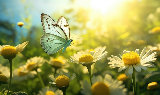 Elegancja ogrodu Motyl odpoczywa na porannych kwiatach skąpany w delikatnym porannym świetle Delikatna naturalna chwila