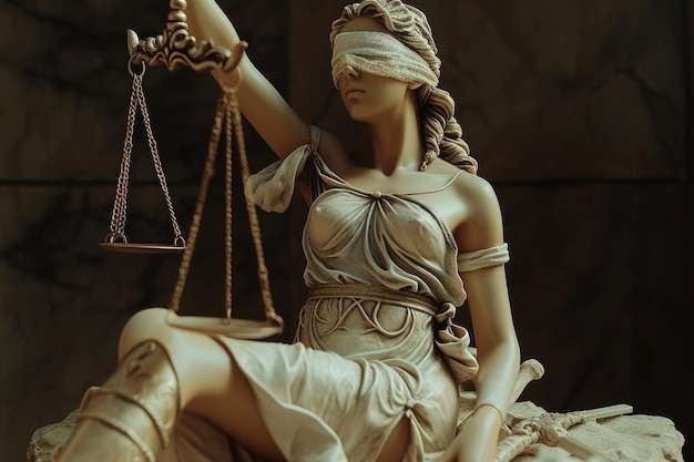Elegancja prawna oszałamiający portret pani sprawiedliwości z skalą Themis ucieleśniająca esencję sprawiedliwości i porządku symbolizującą systemy sądownicze piękno i równowagę etyczną