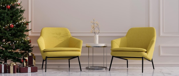 Elegancja salonu z żółtymi fotelami boczny stolik Choinka i białą listwę ścienną