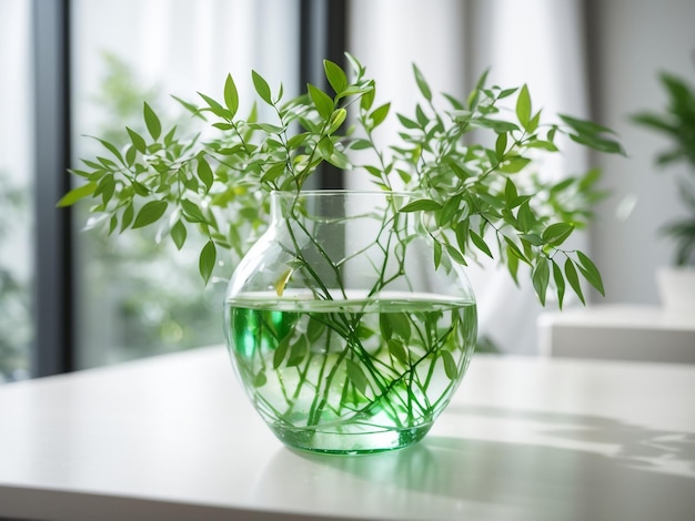 Zdjęcie elegancja w zielonej szklanej wazie z bujnymi gałęziami na białym stole