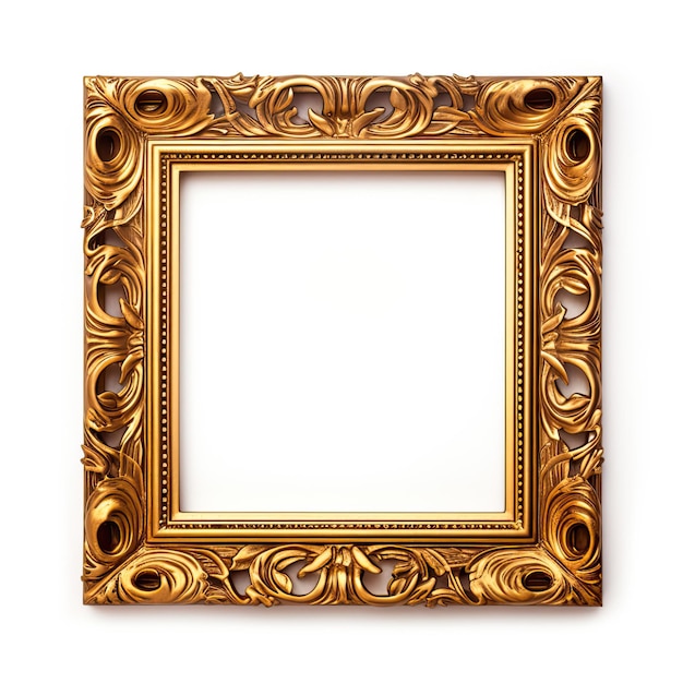 Elegancka, antyczna złota kwadratowa ramka na zdjęcia z ozdobną ramką na na białym tle