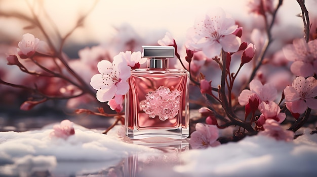 elegancka butelka perfum na tle śniegu z płatkami śniegu i kwiatami
