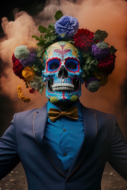 Elegancka czaszka Day of the Dead w garniturze otoczona dymem Generative AI