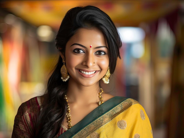 Elegancka Hinduska w sari i biżuterii pozuje na odizolowanym tle generowanym przez AI