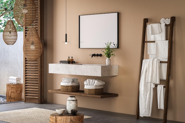 Elegancka i nowoczesna łazienka z beżową ścianą i betonową umywalką Wyposażona w kosze na ręczniki, dywanik Betonowa podłoga lampy wiszące i naturalne światło wlewające się renderowanie 3D
