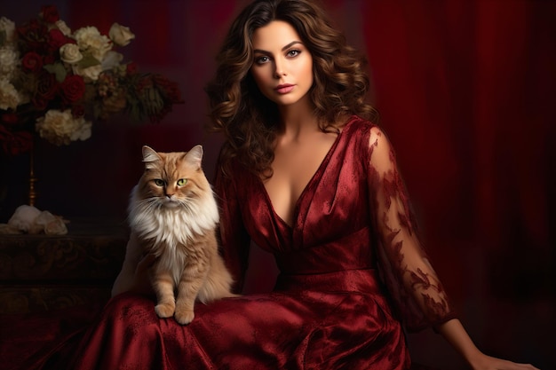 Elegancka kobieta w zwiewnej sukni siedzi z wdziękiem ze swoim królewskim kotem perskim