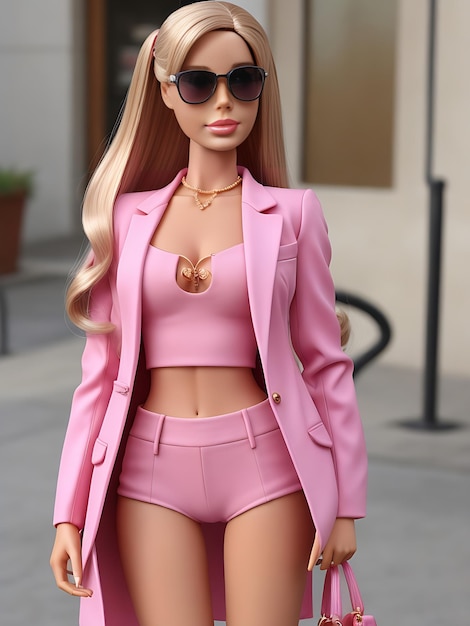 Elegancka lalka Barbie w różowym garniturze Stylowy przedmiot kolekcjonerski