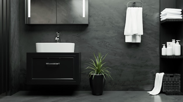 Zdjęcie elegancka łazienka w nowoczesnym wnętrzu loftu z ciemną marmurową podłogą i l 3d renderowania ilustracja 3d