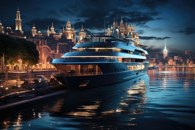 Elegancka łódź wycieczkowa w ruchliwym nocnym porcie generatywnym IA