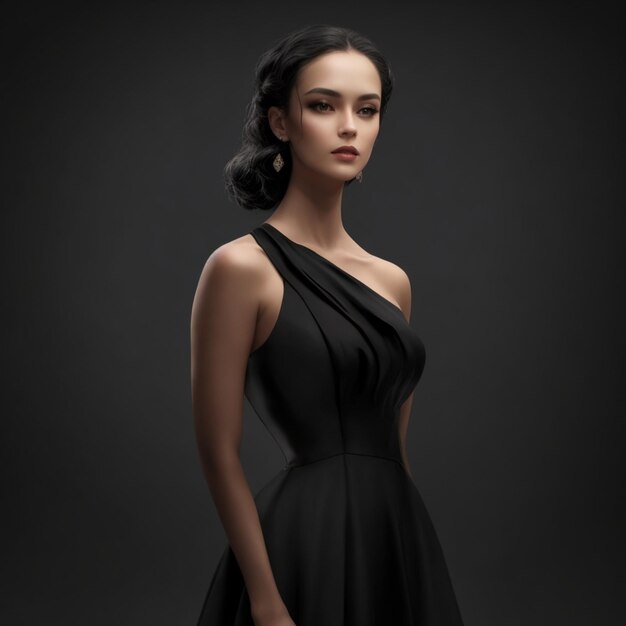 elegancka młoda kobieta w długiej czarnej sukience elegancka latająca sukienka wieczorowa