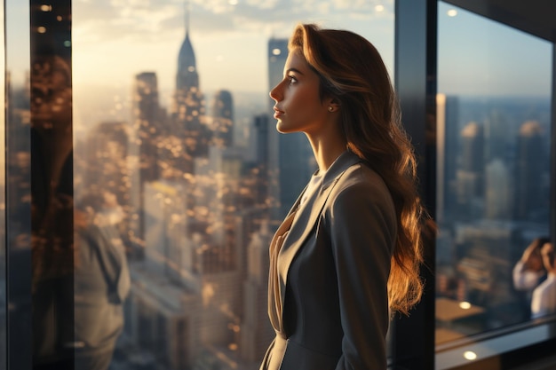Elegancka postać obserwuje złotą godzinę nad miejskim horyzontem