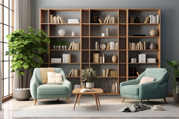 Elegancka przestrzeń mieszkalna Stylowe wnętrze z generatywną sztuczną inteligencją półki na książki