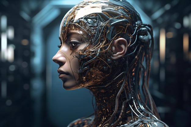 Elegancka rzeźba robota cyborga na czarnym tle w profesjonalnym studiu Ustawienie Generative AI