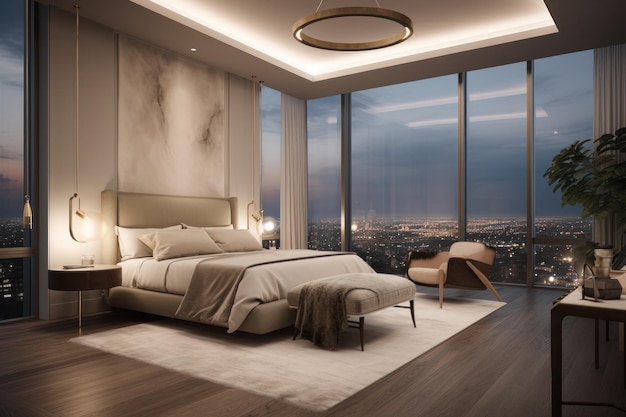 Elegancka sypialnia na najwyższym piętrze z panoramicznym widokiem na miasto w nocy