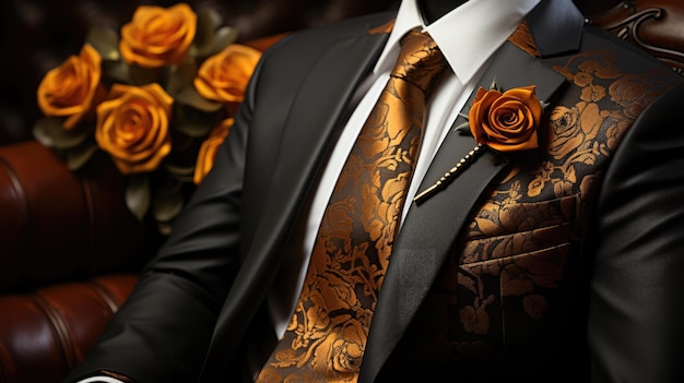 Elegancki biznesmen w czarnym i złotym garniturze z różą