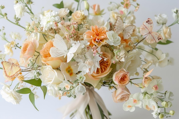 Elegancki bukiet miękkich pomarańczowych i białych kwiatów z zielonymi liśćmi na jasnym tle na weselach