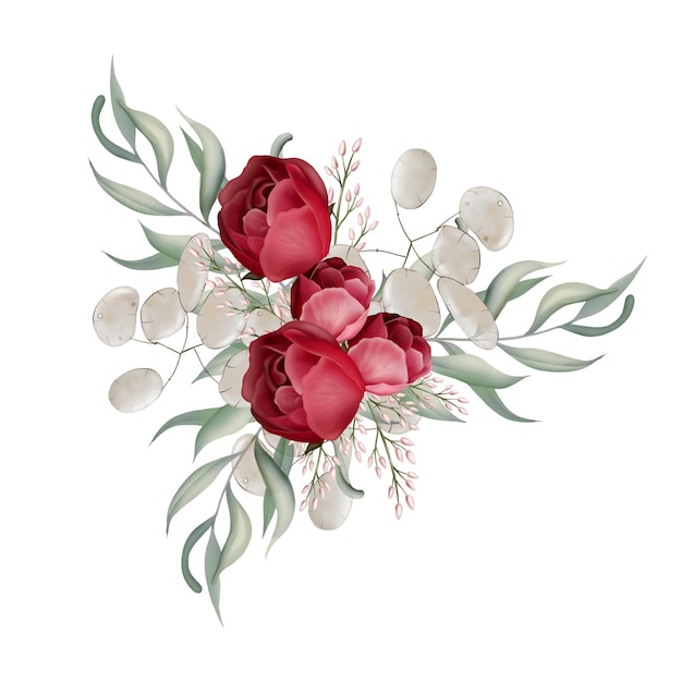 Elegancki bukiet z peoniami, różami i liśćmi eukaliptusa