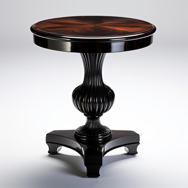 elegancki ciemny drewniany stolik boczny z okrągłym szczytem w stylu wysokich szczegółów