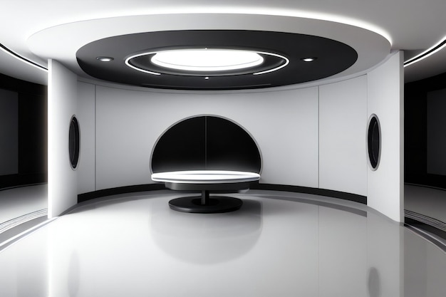 Zdjęcie elegancki futurystyczny, okrągły pokój o minimalistycznym wystroju wnętrz