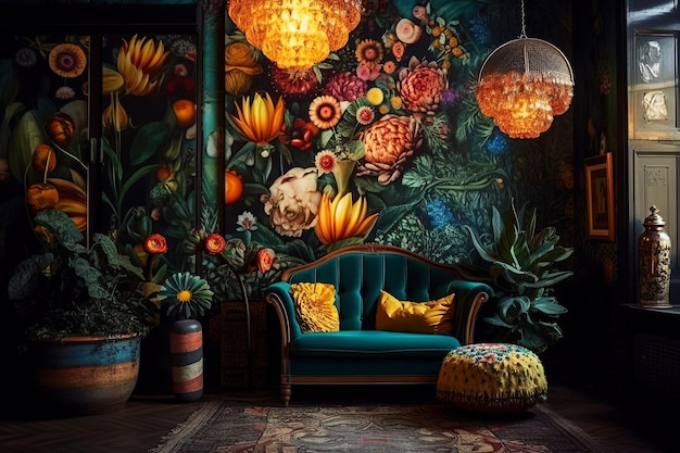 Elegancki i cichy pokój artystyczny z przytulnym wnętrzem z zielonymi roślinami w doniczce oraz zielonymi ścianami i obrazami Ilustracja Generative AI