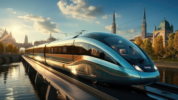 Elegancki i nowoczesny pociąg dużych prędkości przejeżdżający przez pejzaż miejski