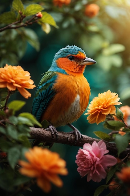 Elegancki kolorowy ptak siedzący na gałęzi z liśćmi i kwiatami na naturalnym tle