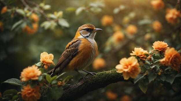 Elegancki kolorowy ptak siedzący na gałęzi z liśćmi i kwiatami na naturalnym tle