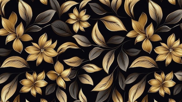 Elegancki kwiatowy wzór z brązowymi i złotymi liśćmi na czarnym tle Generative AI