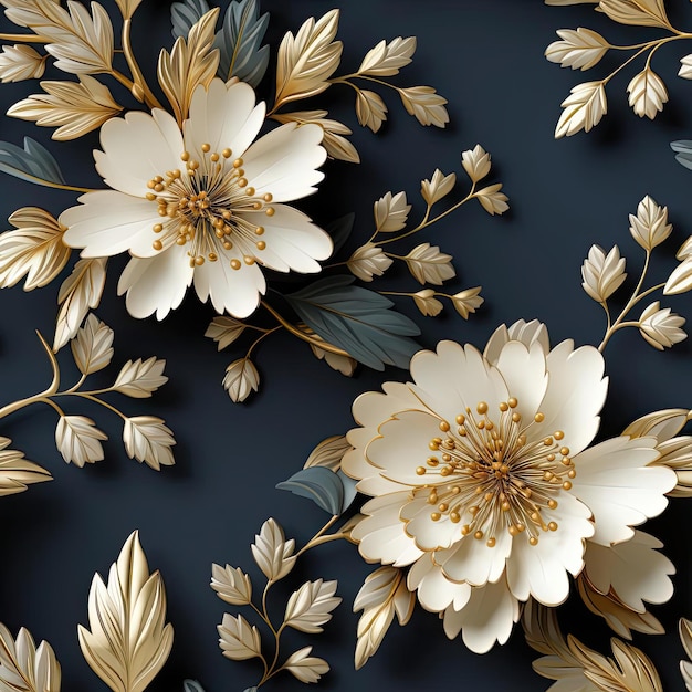 Elegancki kwiatowy wzór ze złotymi liśćmi na ciemno niebieskim tle