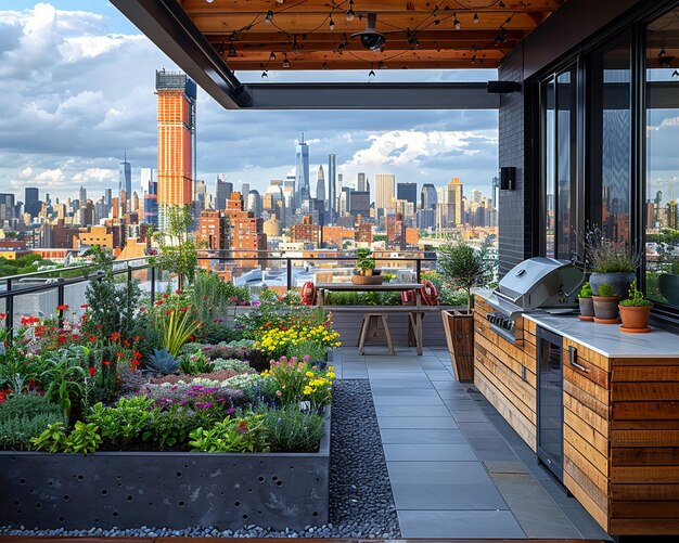 Zdjęcie elegancki miejski ogród na dachu z modułowymi kwiatownikami kuchnia zewnętrzna