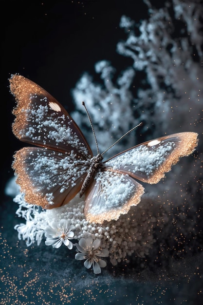 Zdjęcie elegancki motyl z pięknymi cząsteczkami w marzycielskim środowisku artystycznym