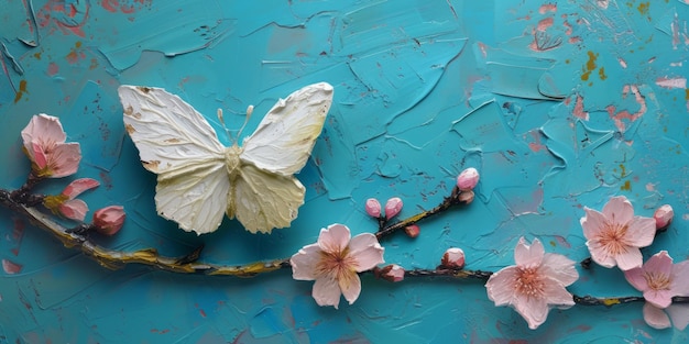 Elegancki motyl znajdujący się w środku wśród kwitnących białych kwiatów Niebieski tło ozdobione pęknięciami Złote łodygi i liście splecione między kwiaty Rozproszone płatki