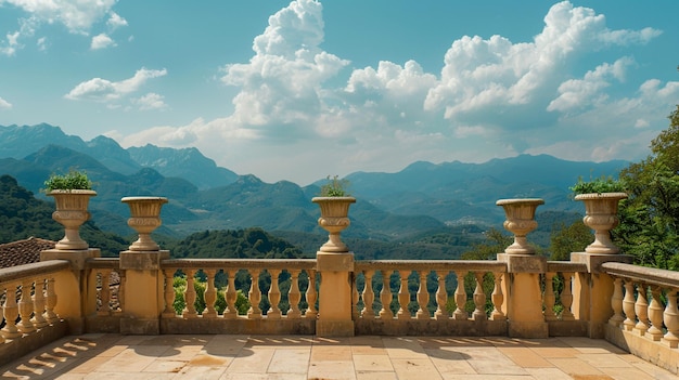 Elegancki patio z panoramicznym widokiem na góry i słoneczne niebo