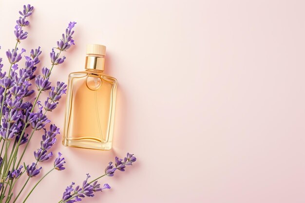 Zdjęcie elegancki płaski układ olejów do ciała i butelek z perfumami z gałązkami lawendy na pastelowym tle w stylu minimalistycznym