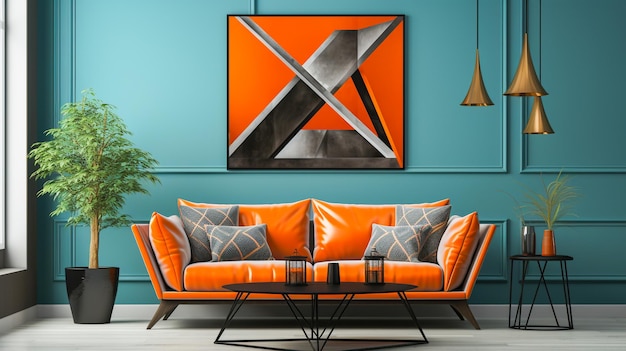 Elegancki pokój z roślinną kanapą i ramą ścienną w stylu ciemnej pomarańczy i czerni