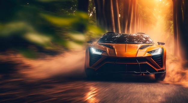 Elegancki pomarańczowy samochód na drodze w dżungli złotej godziny nowoczesny samochód generatywny AI