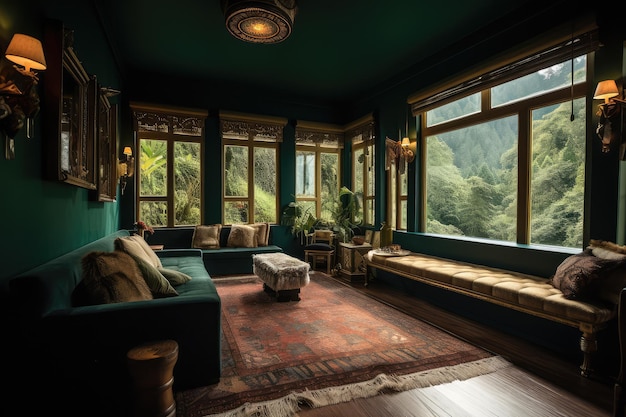 Elegancki projekt wnętrza salonu z oknem z widokiem na las deszczowy