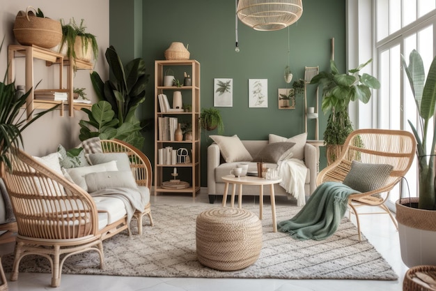 Elegancki rattanowy fotel poduszki w kratę beżowa makrama drewniane kostki tropikalne rośliny i szykowne akcesoria znajdują się w salonie współczesnego wystroju wnętrz domu pokrytego eukaliptusem