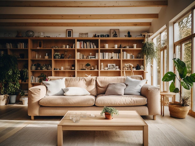 Elegancki salon z drewna z inspirowany drewnem designem AI Generative