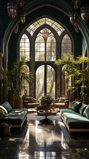 Elegancki salon z dużymi oknami i zielonymi aksamitnymi kanapami.