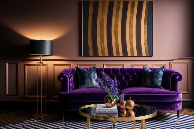 Elegancki salon z dywanem w paski i fioletową sofą ma złoty liść na miedzianym stole