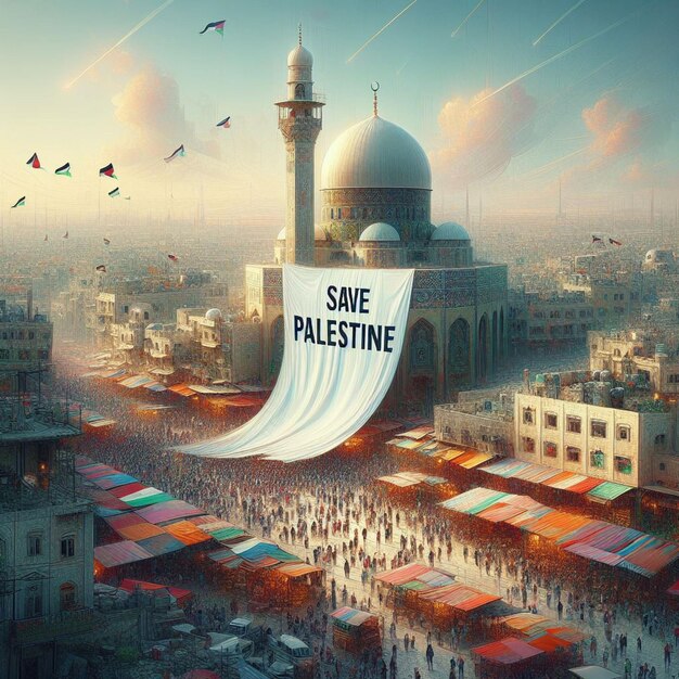 Elegancki sztandar Save Palestine rozciąga się z minaretu meczetu na scenie sztuki cyfrowej