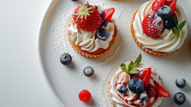 Elegancki talerz na deser z ciastkami owocowymi pokrytymi śmietaną, truskawkami i borówkami